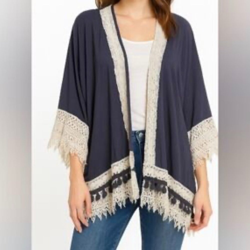 Boho Hippie Kimono Crochet Lace Western Cardigan Duster Cover Up M‎ Gray Ivory